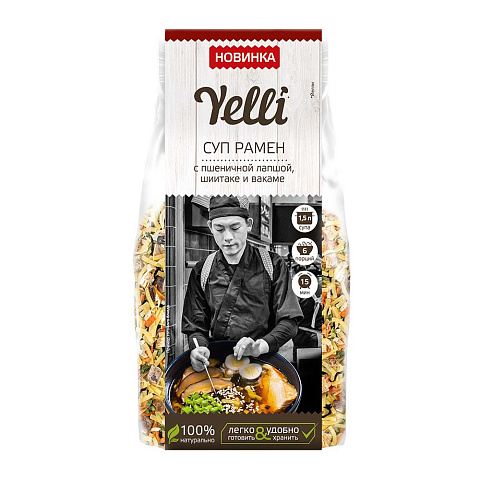 Суп Рамен с пшеничной лапшой, шиитаке и вакаме, Yelli, 110 г.